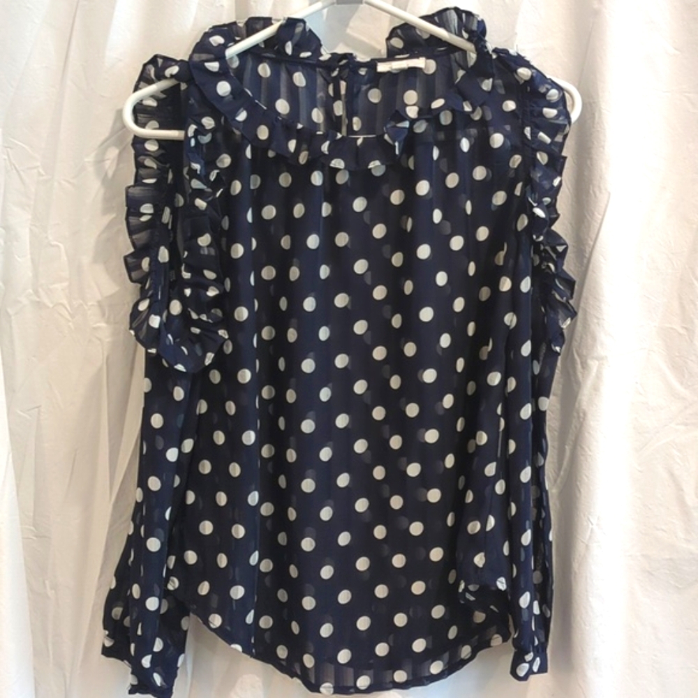 Mine | Ruffled Neck Cold Shoulder Blouse Long Sleeve Navy Sheer Stripe | S